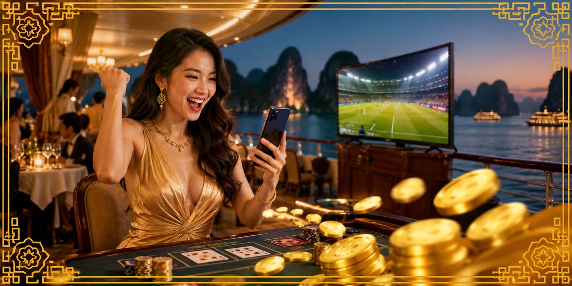 Khung cảnh vịnh Hạ Long với người dùng thư giãn cạnh bàn baccarat trực tuyến